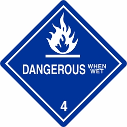 Dangerous When Wet - 430 Dangerous When Wet Labels in Vinyl or Paper, Hazard Class 4 Labels, DOT Labels, hazmat, shipping