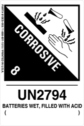 12mm - Batteries Wet Filled with Acid UN2794, Proper Shipping Name Labels  Corrosive Labels, batteries wet filled with acid un2794, Proper Shipping name Labels, Hazard Class 8 Labels, DOT Labels, hazmat, shipping